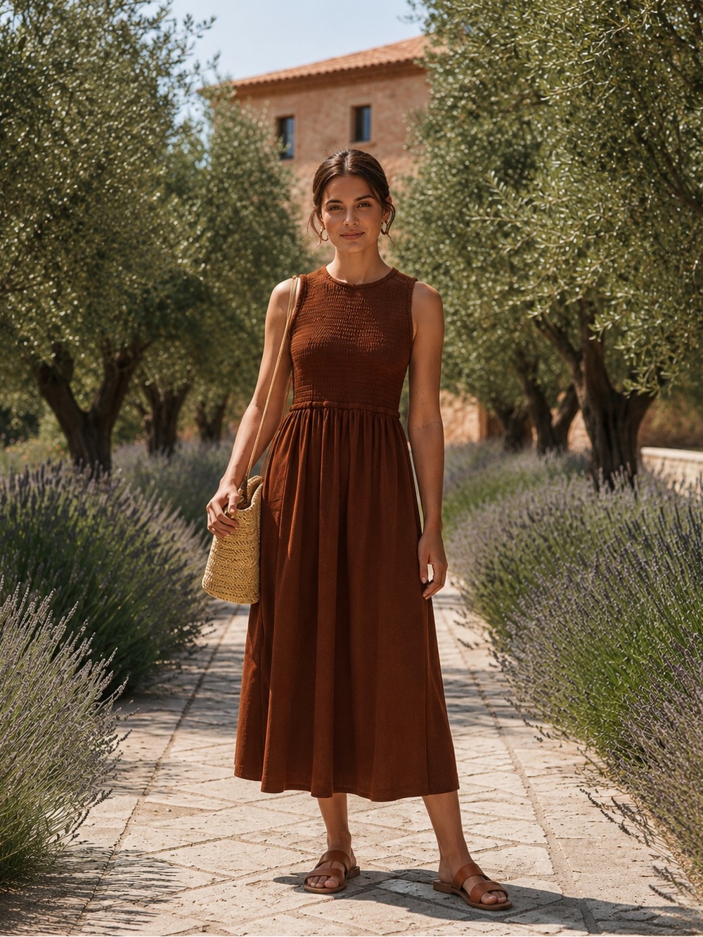 Smocked Bodice Brown Sleeveless Midi Dress Cottagecore Small